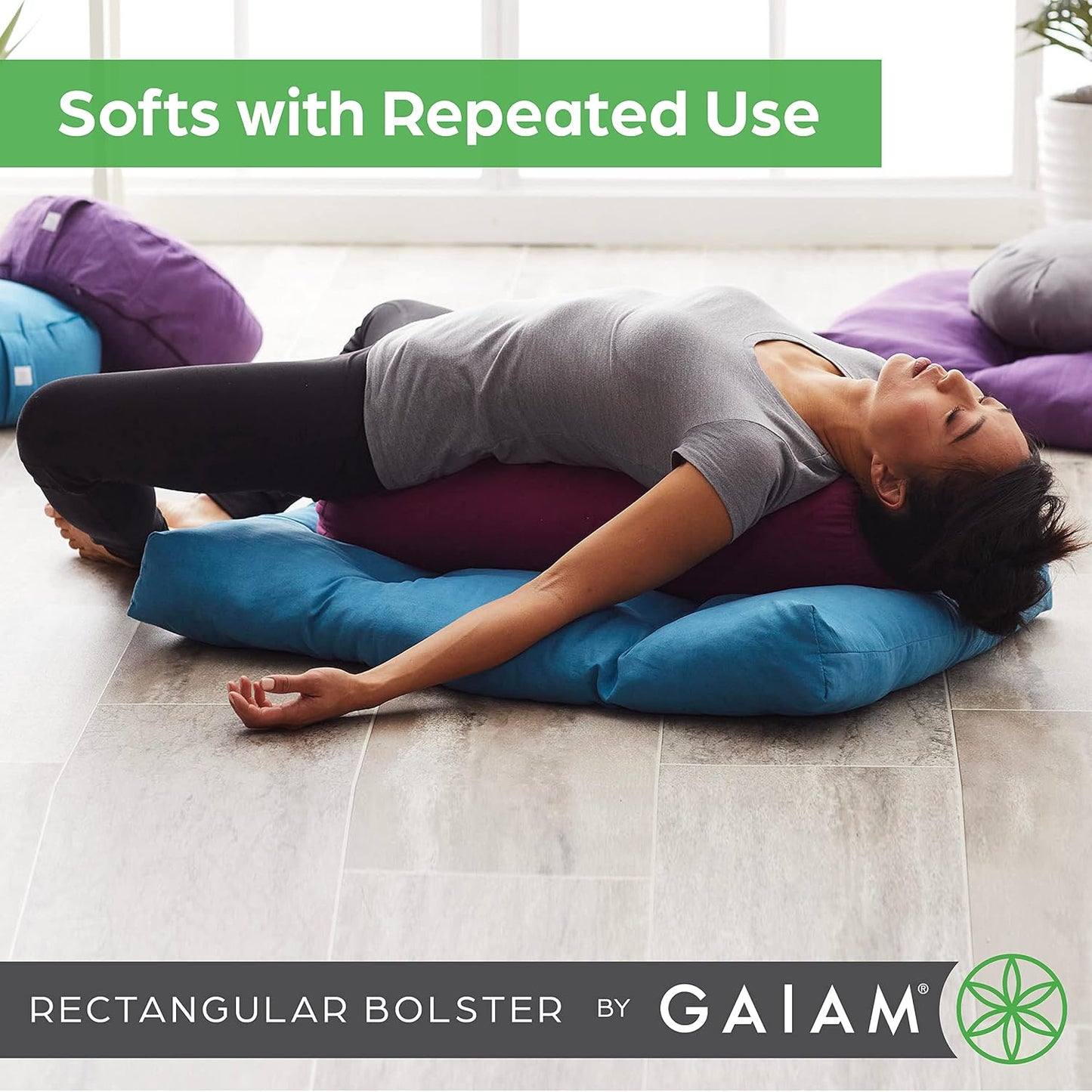 Gaiam Yoga Bolster Pillow, Supportive Cushion for Restorative Yoga | Firm cotton-filled bolster supports stretching & restorative poses. Carry handle, washable cover, yoga prop.