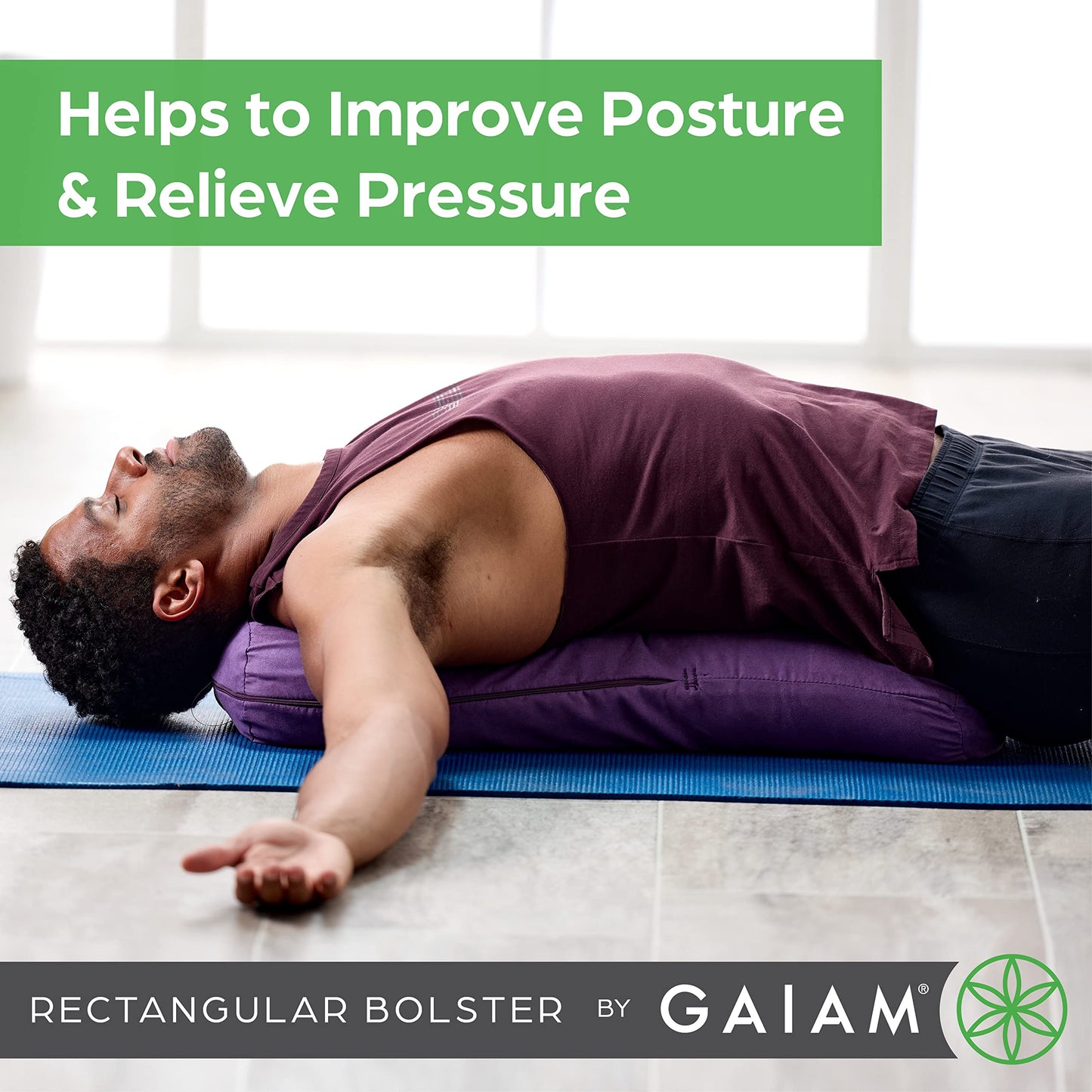 Gaiam Yoga Bolster Pillow, Supportive Cushion for Restorative Yoga | Firm cotton-filled bolster supports stretching & restorative poses. Carry handle, washable cover, yoga prop.