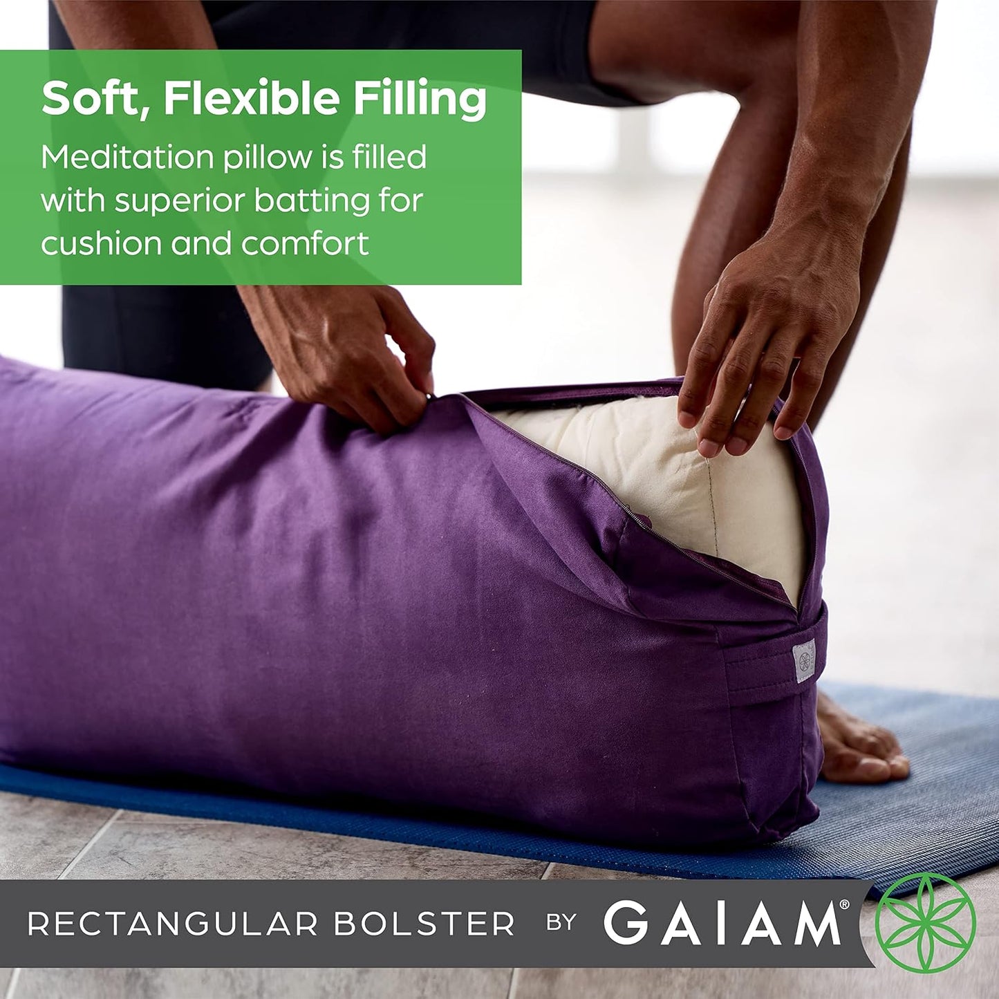 Gaiam Yoga Bolster Pillow, Supportive Cushion for Restorative Yoga | Firm cotton-filled bolster supports stretching & restorative poses. Carry handle, washable cover, yoga prop.