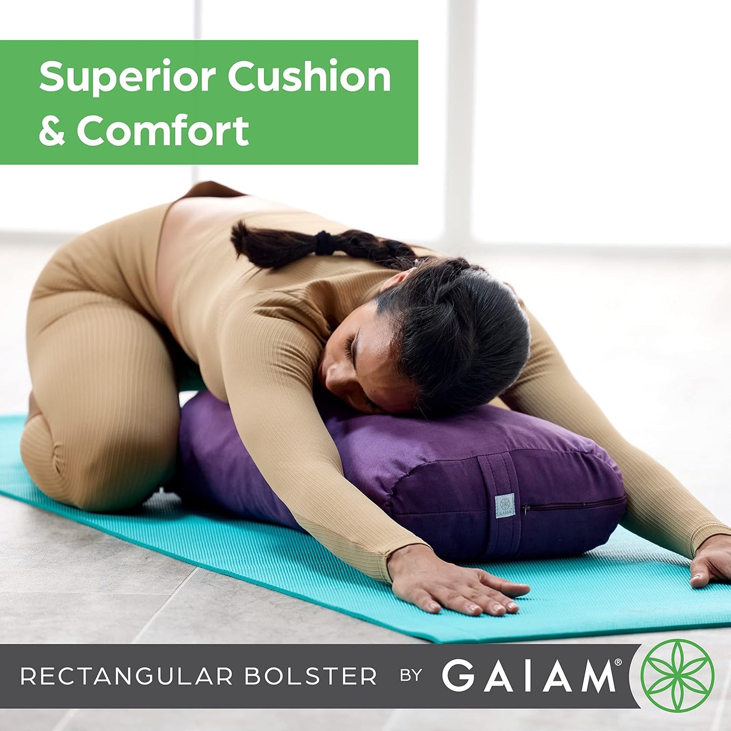 Gaiam Yoga Bolster Pillow, Supportive Cushion for Restorative Yoga | Firm cotton-filled bolster supports stretching & restorative poses. Carry handle, washable cover, yoga prop.